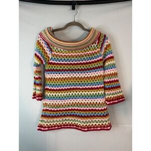 Boston Proper Rainbow Crochet Striped Scoop Neck Bell Sleeve Sweater Small